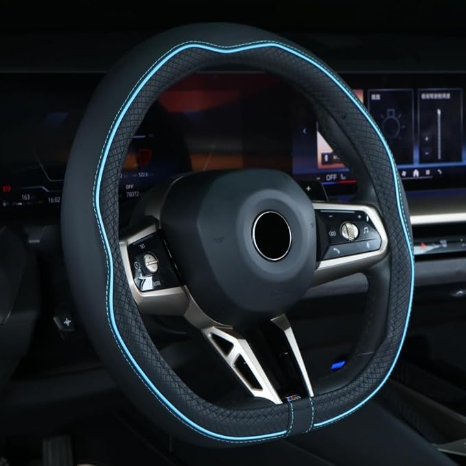 Flat Bottom Steering Wheel Cover Anti-Slip,Safety,Soft,Breathable,Durable,Full Surround,Comfortable Grip Microfiber Leather (D-Shape, Black Blue)