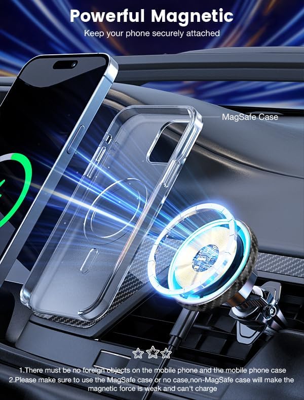 for Magnetic Car Mount Charger-15W Wireless Car Charger-Magnetic Car Phone Holder for Dash Air Vent-LED RGB HandsFree Car Mount Fast Car Charger for iPhone 14/13/12 Series Carbon Fiber