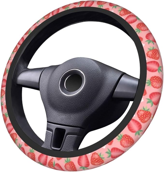 Cute Pink Strawberry Steering Wheel Cover Anti-Slip and Practical 14.5-15 Inch Universal Steering Wheel Cover with 2 Pieces Car Coasters Suitable for Men Women