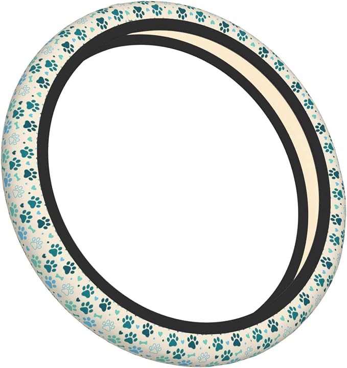 Teal Paw Print Steering Wheel Cover, 15 Inch Universal Fit Neoprene Steering Wheel Protector, Anti-Slip & Breathable Car Interior Accessory, Durable Auto Wrap for Women and Men, Fits Most Vehicles
