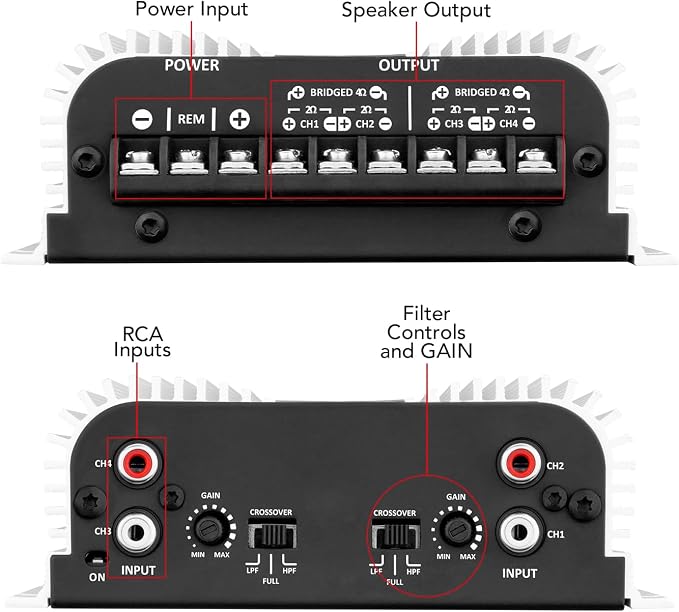 TS 400x4 400 watts RMS 4 Channels Full Range Car Audio Amplifier, 2 Bridged Channels, RCA Input Class D, Output Power, Multichannel Amplifier System, Small - TS400X4
