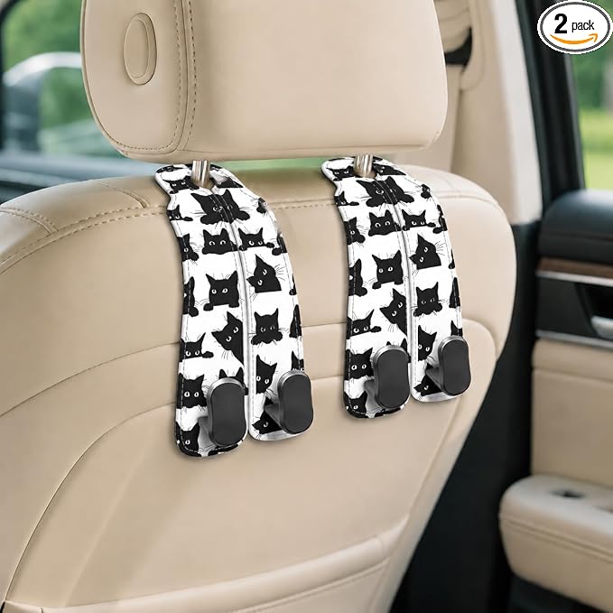 Cute Black Cat Car Seat Back Storage Headrest Hooks for Purses & Bags – 2PCS PU Leather Dual Metal Hooks, Backseat Organizer Accessories
