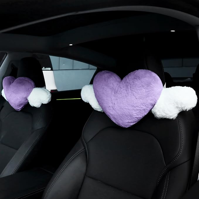 2 Pcs Plush Heart Shaped Pillow with Angel Wings Car Headrest Soft Comfortable Seat Pillow for Driving Travelling Room Office Car Decor, 19.7 x 8.3 Inch(Purple)