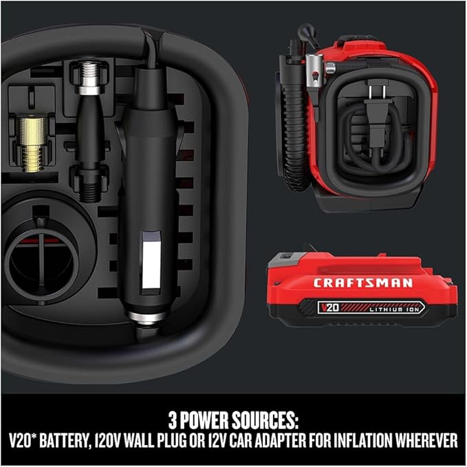 V20 Tire Inflator Portable Air Compressor, Car Air Pump, 3 Modes Tire Pump: Cordless, 120V Corded, and 12V Car Adapter, Battery Sold Separately (CMCE520B)