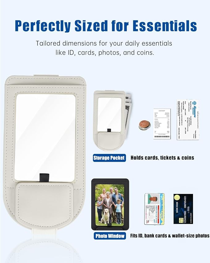 Car Visor Sunglasses Holder, 3 in 1 Glasses Clip with Photo Picture Display & Extra Storage Pocket, Anti-Slip Universal Sun Visor Organizer, 2026 Upgraded (2, Off-White)