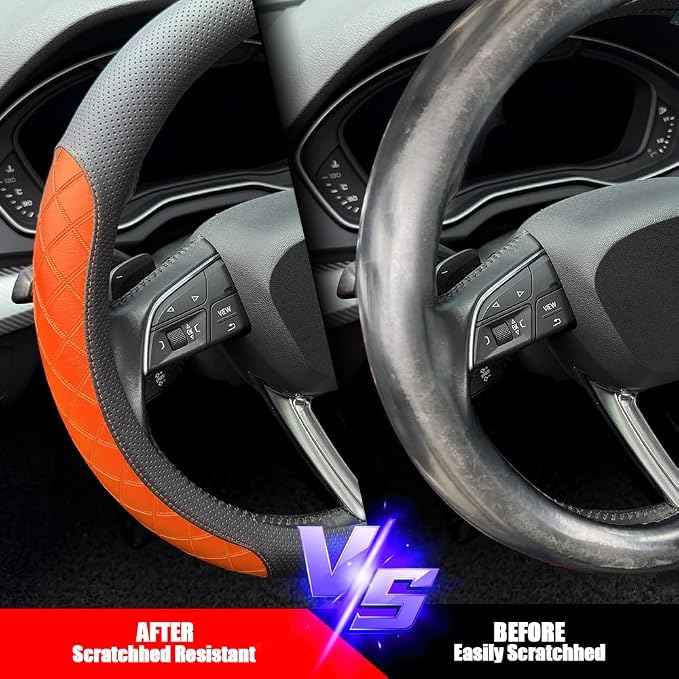 Nappa Leather Steering Wheel Cover, Diamond Checkered Design, Non-Slip wear-Resistant, Enhance Driving Comfort, Suitable for Steering Wheel Diameter 14 1/2‘-15’ Models.Black Orange