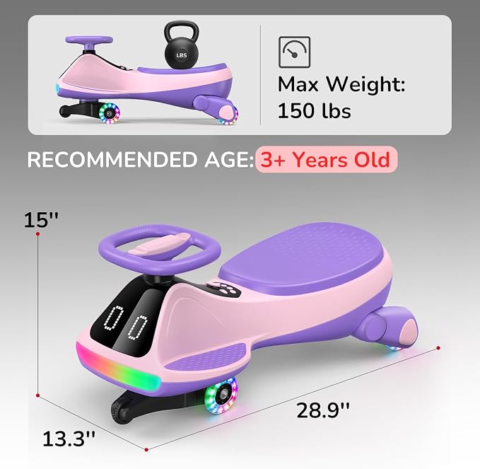12V Electric Wiggle Car for Kids with Pedal, Display, Rechargeable Battery, LED Light, Bluetooth, Light-Up Wheels, Anti-Rollover, 2 Speeds, Ride on Toys, Birthday Gifts for Age 3+, 150Lbs