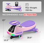 12V Electric Wiggle Car for Kids with Pedal, Display, Rechargeable Battery, LED Light, Bluetooth, Light-Up Wheels, Anti-Rollover, 2 Speeds, Ride on Toys, Birthday Gifts for Age 3+, 150Lbs