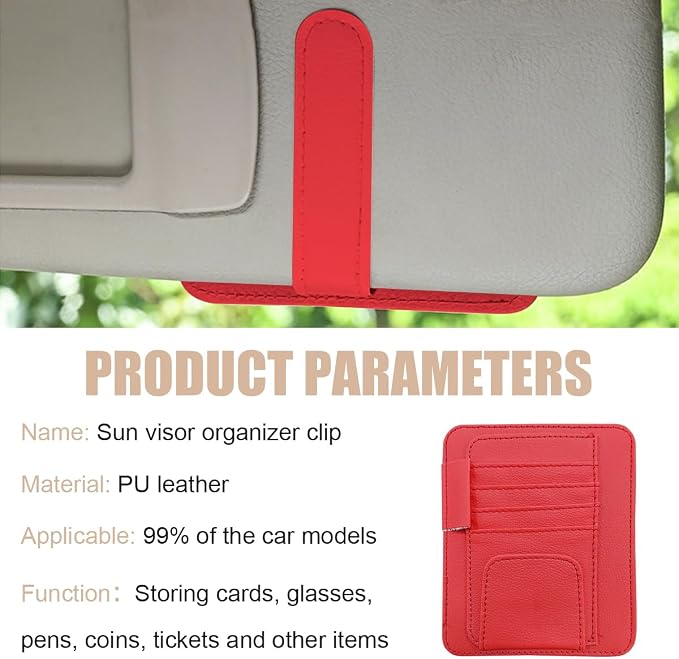 2 PCS Car Sun Visor Organizer, Small Auto Visor Organizer and Storage, Registration and Document Holder for Sunglasses, Card, Pen, Driver License, Car Accessories (Red)