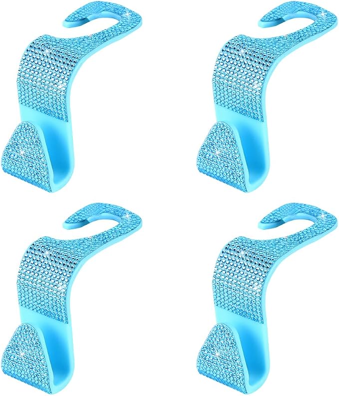 4PCS Bling Car Seat Headrest Hook, Crystal Rhinestone Backseat Hanger Organizer for Purse Handbag Umbrella, Shiny Auto Interior Seat Back Storage Holder Hook, Universal Fit (Lake Blue)