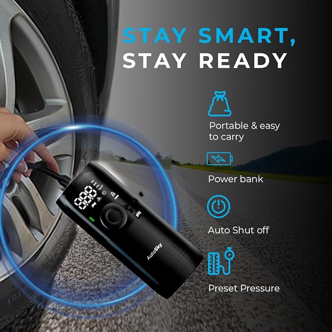 Portable Tire Inflator & Air Compressor – Car Accessories with Flashlight & Power Bank, Air Pump for Car Tires, Bike Pump & Ball Pump, 150 PSI Fast Inflation, Digital Display & Auto Shutoff