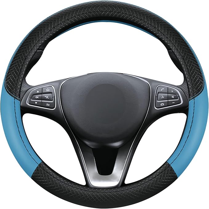 Leather Patchwork Black Blue Steering Wheel Cover, 14.5-15 Inch Non-Slip Breathable Microfiber Car Steering Wheel Protector