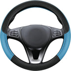Leather Patchwork Black Blue Steering Wheel Cover, 14.5-15 Inch Non-Slip Breathable Microfiber Car Steering Wheel Protector