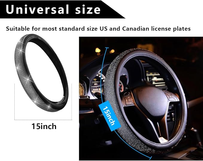 Steering Wheel Cover, Bling Crystal Rhinestones Auto Wheel Protector, Sparkly Cover Universal Fit Diverse 14.5-15 inch Steering Wheel, Interior Decor Car Accessories (Black)