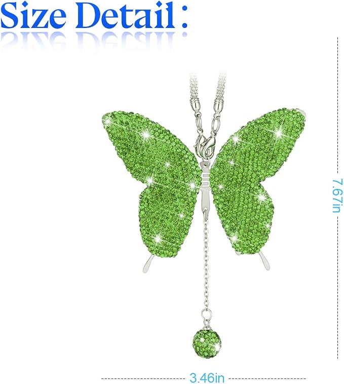 Bling Butterfly Diamond Car Accessories, Crystal Car Rear View Mirror Charms for Women, Car Decoration Lucky Gifts Hanging Interior Crystal Ornament Pendant Decor for All Cars (Light Green)