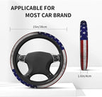 American Flag Steering Wheel Cover + 2 Pieces USA Car Coasters | Anti-Slip Breathable Universal for 14.5-15.5 Inch Car Suitable for Men Women
