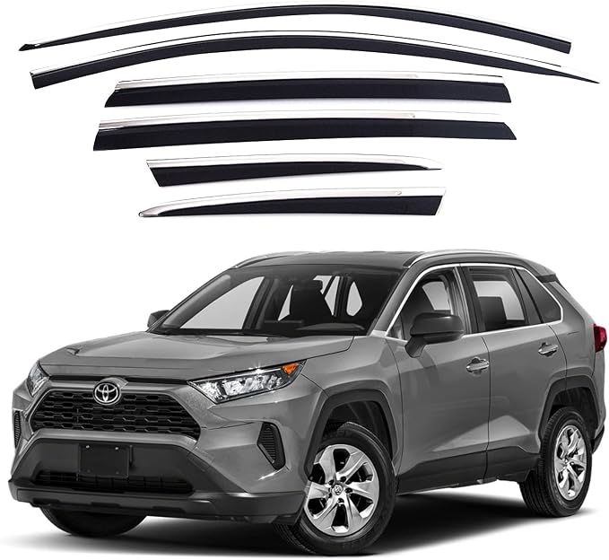 AUTOCLOVER Tape-On Rain Guards Window Visors 6 Pcs Set for Toyota Rav4 2019 2020 2021 2022 2023 2024 2025 / Window Deflectors, Out-Channel Vent Shades (Chrome Line Black)