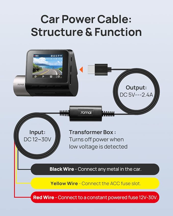 Type-C Hardwire Kit UP03 for Dash Cams, 10ft, 12V-30V to 5V/2.4A, Low Voltage Protection 11.8V, 24 Hour Parking Surveillance Power Supply for M310/M500/A510/A500S/A810/X800/A810 Lite Car Cameras