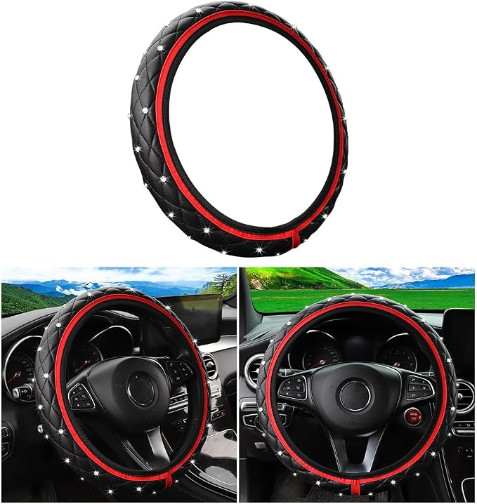 Bling Car Steering Wheel Cover, Non-Slip Elastic Stretch Leather Auto Steering Wheel Protector, Sparkling Diamond Vehicle Decor Accessories for Women Girls, Universal for Vehicles (Red)