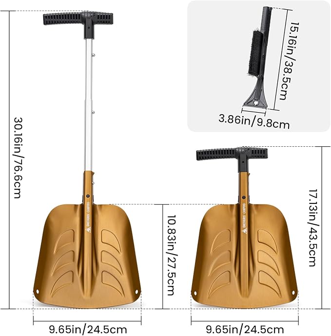 Snow Shovel, Collapsible Aluminum Alloy with Ice Scraper Brush - Portable Folding Shovel for Camping, Car Emergency, Winter Outdoor - 25.98" Lightweight Durable Design (Coyote Brown)
