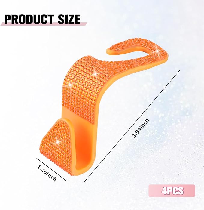 4PCS Bling Car Seat Headrest Hook, Crystal Rhinestone Backseat Hanger Organizer for Purse Handbag Umbrella, Shiny Auto Interior Seat Back Storage Holder Hook, Universal Fit (Orange)