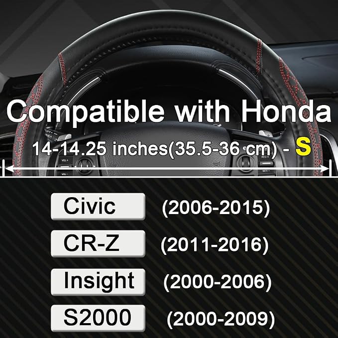 Customized Auto Car Steering Wheel Cover for Honda Civic, CR-Z, Insight, S2000, 14" - 14.25" (Diamond Quilted-Black+Red-Small Size)