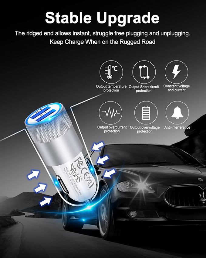 Car Charger, 3.4a Portable Dual Port 12V USB Cargador Carro Lighter Adapter | Cig Socket Adapter for iPhone 17e 17 16E 16 15 14 13 Pro Max Plus, iPad, Tablet, Samsung Galaxy Cigarette Auto Charge