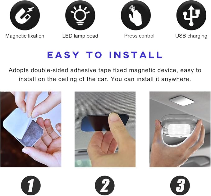 Car Interior Ceiling Roof Lights, Magnetic Rechargeable USB Wireless Dome Lamp, LED Auto Map Reading Light Cover for Insider Roof Ceiling, Universal Car Accessories (Black)