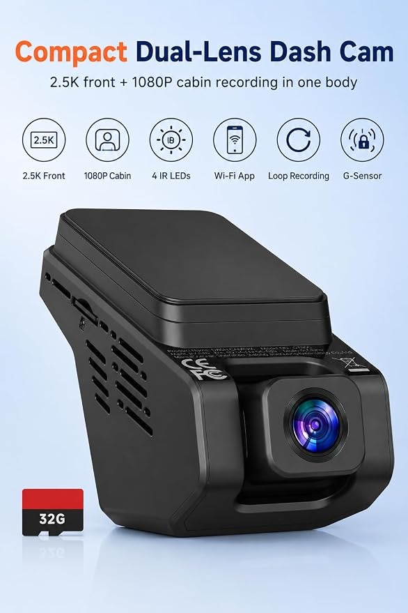 Dash Cam Front and Inside, 2.5K+1080P Dual Hidden Camera for Cars, Car Camera Front and Interior with Night Vision, 4 IR LEDs, G-Sensor, 24H Parking Mode, Loop Recording, 32GB Card Included