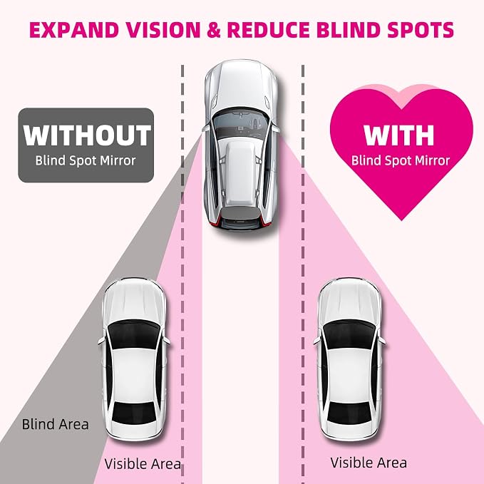 Heart Shaped Blind Spot Mirrors for Car 2 Pack - HD Glass Frameless, Adjustable Angle Wide View Convex Mirror Stick to Side Mirror Blindspot, Cute Girly Heart Car Accessories for Women