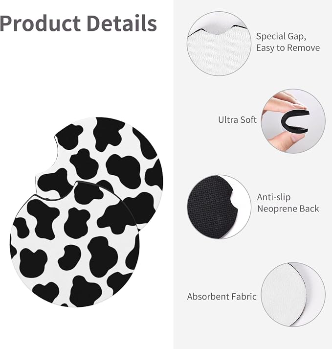 Cow Print 3pc car Set : Steering Wheel Cover + 2 Pc Car Coasters | neoprene Anti-Slip Breathable Universal 14.5-15.5 in for Suitable for Men Women
