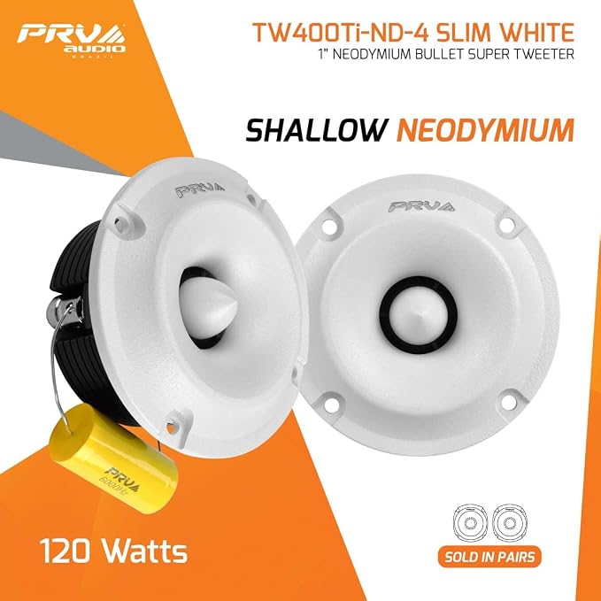 Bullet Super Tweeters - Neodymium, 3 Inch Slim, 120 Watts Max Power, Easy to Mount Pair, 4 Ohm, White