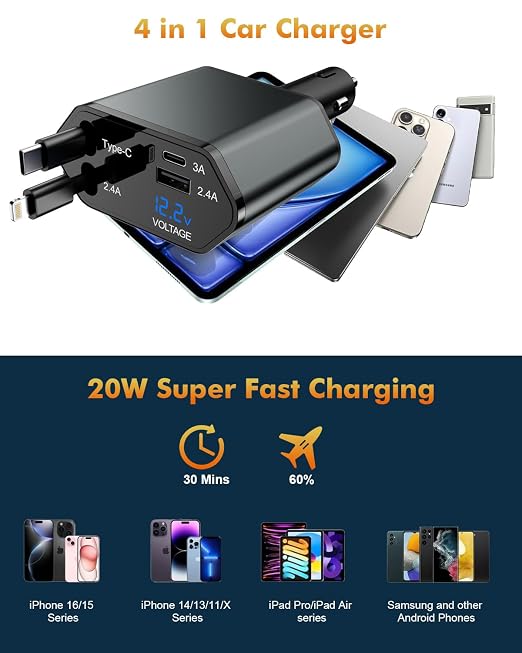 Retractable Car Charger,66W 4 in 1 iPhone 16 15 Car Charger Adapter with 2 Retractable iPhone ChargerCables(USB C & Lightning),2 USB Ports(USB C & USB A) for iPhone 16 15 14 13 12 11,iPad Pro Air Mini