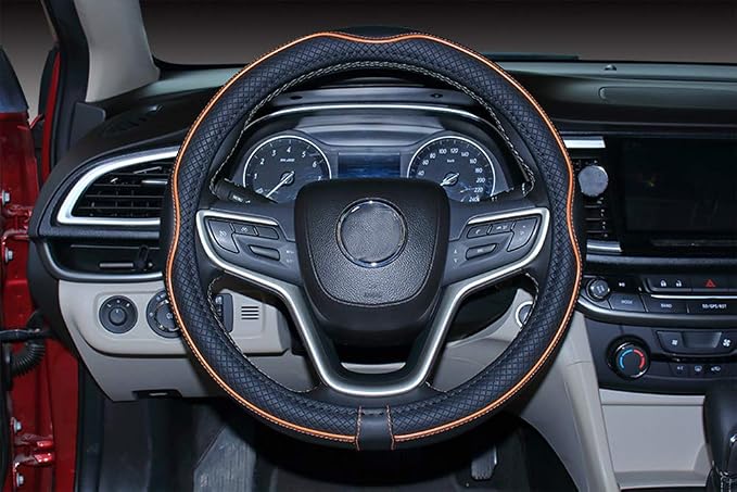 Universal Standard Size Steering Wheel Cover Anti-Slip,Safety,Soft,Breathable,Durable,Full Surround,Comfortable Grip Microfiber Leather (14.5-15 inch,Black Orange)