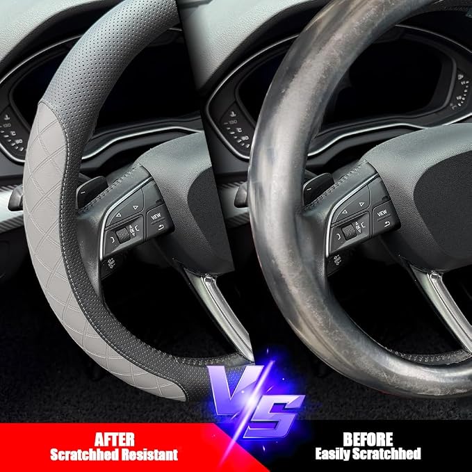 Nappa Leather Steering Wheel Cover,Elegant Diamond Checkered Design, Non-Slip wear-Resistant, Enhance Driving Comfort, Suitable for Steering Wheel Diameter 14 1/2‘-15’ Models.Black Gray