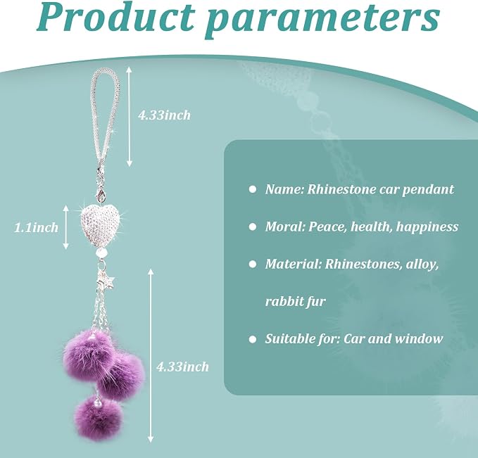 Bling Diamond Heart Car Interior Accessories, Car Mirror Hanging Ornament for Women, Love Heart & Pink Plush Ball Decor Ornament Pendant (Eggplant Purple)