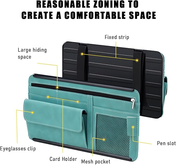 Yourkar Car Sun Visor Organizer, Soft Leather Surface Eyeglasses Note Card Holder Car Storage Bag, Scratch-Resistant Waterproof Auto Sunshade Organizer Bag, Car Accessories (Blue)