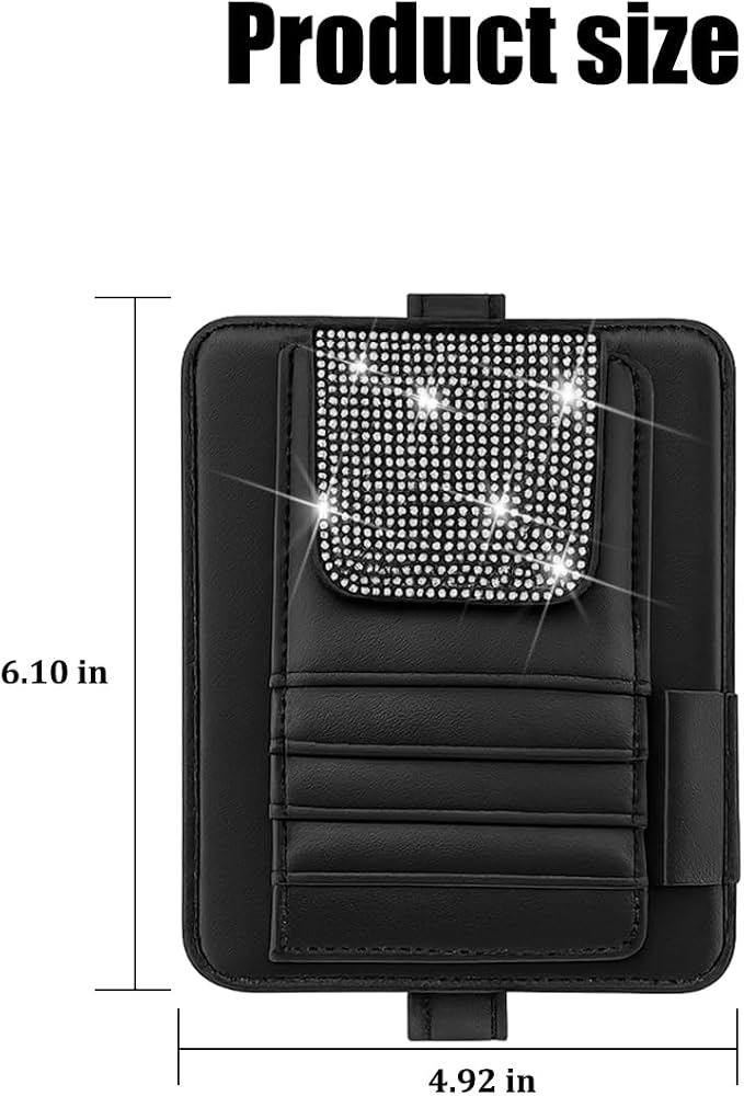 Bling Car Sun Visor Organizer, Multi Pocket Crystal Rhinestone Vehicle Sunshade Card Sleeve Storage Pouch with Pen Sunglass Holder, Auto Interior Visor Organizer Pouch, Universal Fit (White)