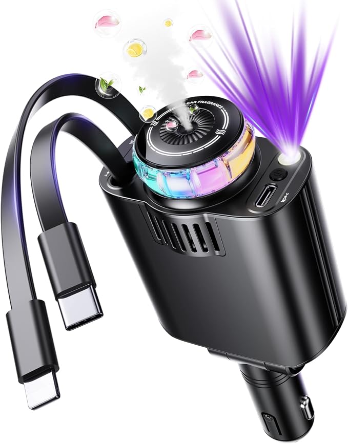 Smart Retractable Car Charger 69W USB C Fast Charge Air Freshener Starlight | 5 in 1 Fast Car Phone Chargers Adapter with Aromatherapy, Compatible with iPhone 17 16 15 14 13 and Android