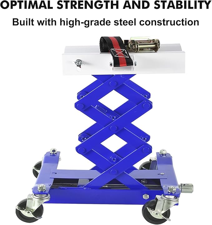 Transmission Jack 450 LBS Capacity: Low Profile Lift with 2M Safety Straps & 4 Brake Wheels, 7-23 Inch Range for Car & Truck Repair (Blue)