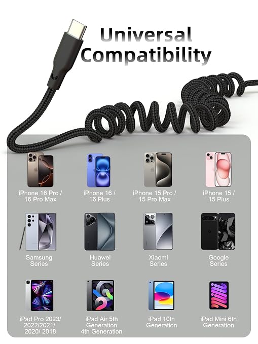 Car Carplay Cable 2Pack 3ft Coiled USB A to USB C Fast Charge Cord for iPhone 17/16/15/Plus/Pro Max/MacBook Pro, Auto Coiled Retractable iPhone Car Cord