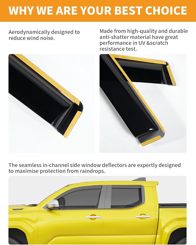in-Channel Window Rain Guards Fit for Toyota Tacoma 2024-2026 Double Cab with 4 Full-Size Doors Rain Guards Extra Durable Window Deflectors Visors Vent Visors Vent Shades Truck Accessories