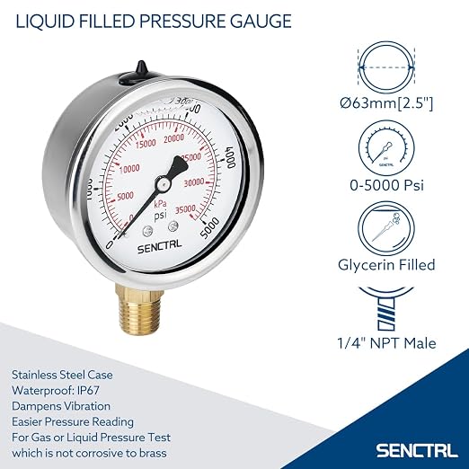 5000 Psi Glycerin Liquid Filled Hydraulic High Pressure Gauge, 2.5" Dial Size, 1/4" NPT Lower Mount, Stainless Steel Case, for Air Gas Water Oil Pressure Test
