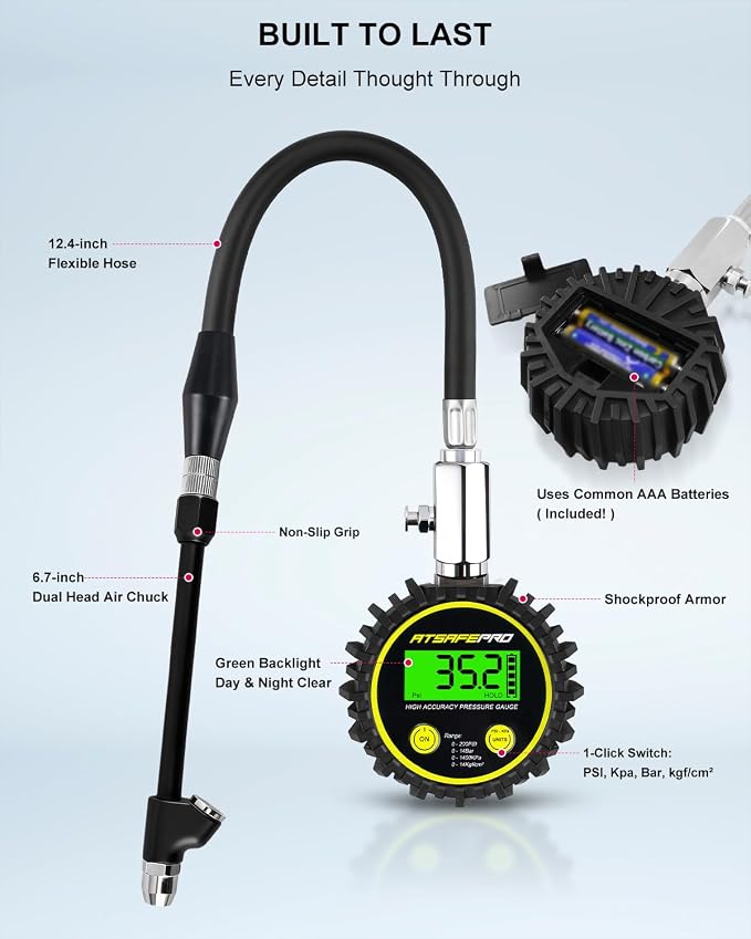 Digital Tire Pressure Gauge - Backlit Display, 200 PSI Accurate Tire Gauge - Hold Function, Long Hose, Dual Head Air Chuck, 4 Units, Bleed Valve, AAA Battery, for Car Truck RV