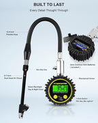 Digital Tire Pressure Gauge - Backlit Display, 200 PSI Accurate Tire Gauge - Hold Function, Long Hose, Dual Head Air Chuck, 4 Units, Bleed Valve, AAA Battery, for Car Truck RV
