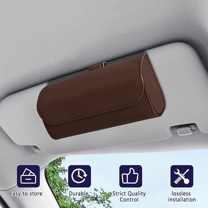 Sunglasses Holder for Car Sun Visor, Sunglass Organizer for Car, Magnetic Leather Eyeglasses Protective Storage Case, Waterproof Glasses Organizer Visor Accessories for Vehicles (Brown)