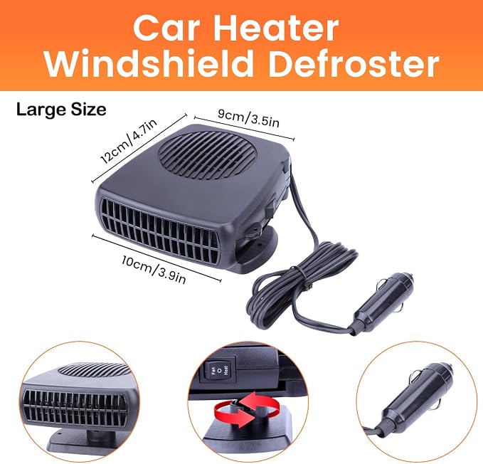 12V Car Heater,200W Portable Car Heater 360° Rotatable Car Defroster Windshield Heater Plug into Cigarette Lighter for Vehicle RV SUV (Large)