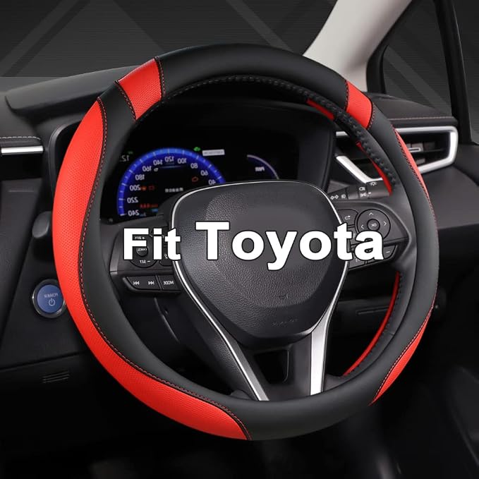 Customized Auto Car Steering Wheel Cover for Toyota Rav4 Corolla Camry Highlander (Black+Red)