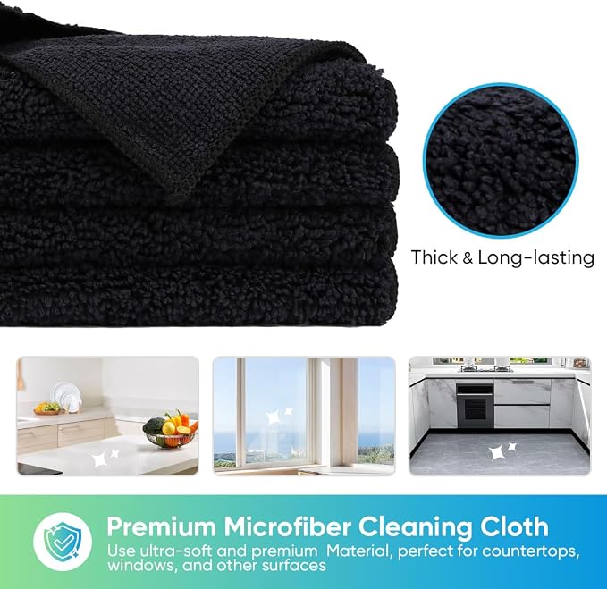 Black Microfiber Cleaning Cloth, 12 Pack Premium Microfiber Towels for Cars, Lint Free, Scratch-Free, Highly Absorbent, Reusable Cleaning Rags for Car, Household, Kitchen, Window, 11.5"X11.5"
