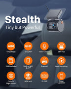 2K Tiny Dash Cam, 1296P QHD Mini Car Camera DashCam - Voice Control, G -Sensor, Free 32GB TF Card, Built-in WiFi, APP Control, WDR/3D DNR with Super Night Vision, 24H Parking Mode